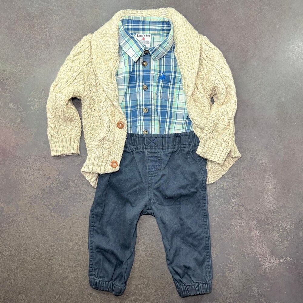 H&M Cardigan Land’n Sea Plaid Bodysuit Shirt Wrangler Pants 3pc Outfit Set 9M
